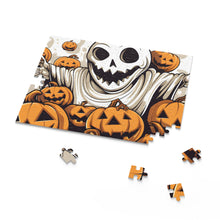 DistinctInk Jigsaw Puzzle with Ghostly Skeleton and Pumpkins Design for Halloween