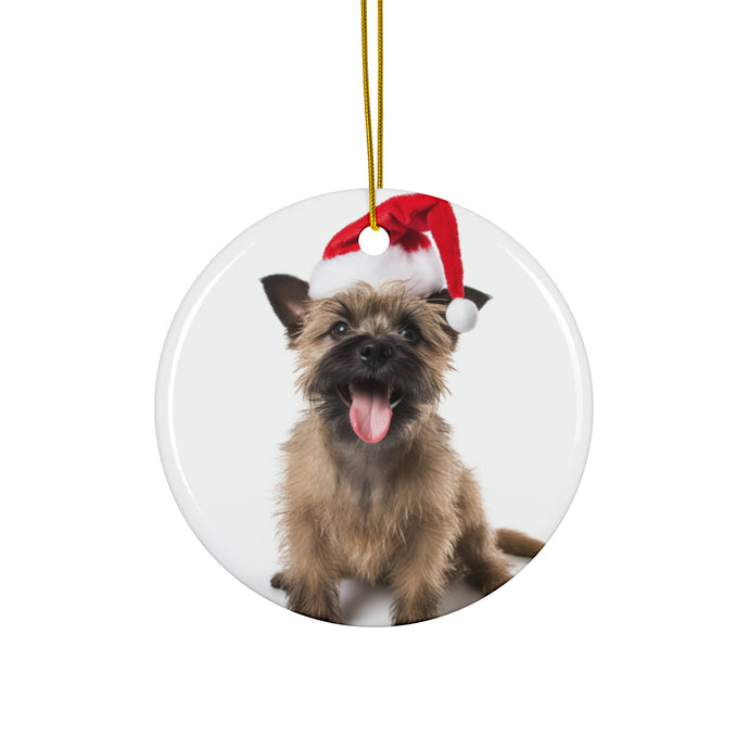 DistinctInk Hanging Ceramic Christmas Tree Ornament with Gold String - Great Gift/Present - 2 3/4 inch Diameter - Cairn Terrier Design