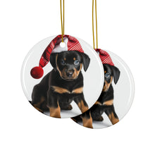 DistinctInk Hanging Ceramic Christmas Tree Ornament with Gold String - Great Gift/Present - 2 3/4 inch Diameter - Beauceron Puppy Design