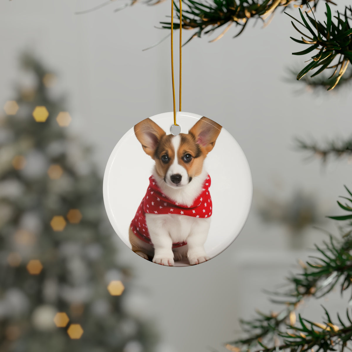 Hanging Ceramic Christmas Tree Ornament with Gold String - Cardigan Welsh Corgi Puppy Design, view 3