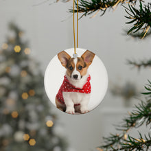 DistinctInk Hanging Ceramic Christmas Tree Ornament with Gold String - Great Gift/Present - 2 3/4 inch Diameter - Cardigan Welsh Corgi Puppy Design
