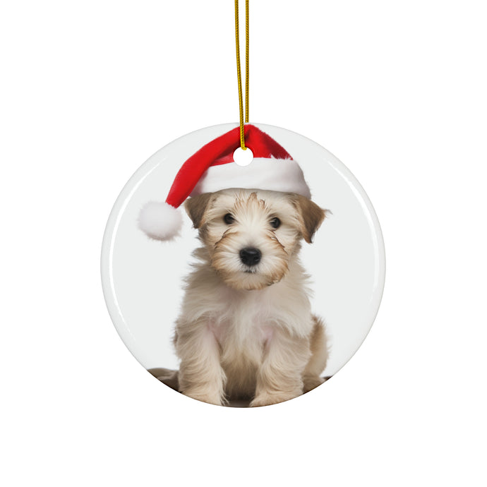 DistinctInk Hanging Ceramic Christmas Tree Ornament with Gold String - Great Gift/Present - 2 3/4 inch Diameter - Glen of Imaal Terrier Puppy Design
