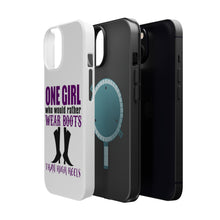 DistinctInk ToughCase for Apple iPhone, Compatible with MagSafe Charging - One Girl Who Would Rather Wear Boots Than Heels