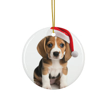 DistinctInk Hanging Ceramic Christmas Tree Ornament with Gold String - Great Gift/Present - 2 3/4 inch Diameter - Beagle Puppy Design