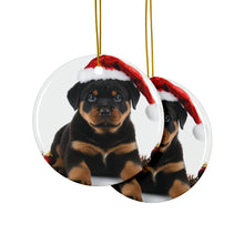 DistinctInk Hanging Ceramic Christmas Tree Ornament with Gold String - Great Gift/Present - 2 3/4 inch Diameter - Rottweiler Puppy Design