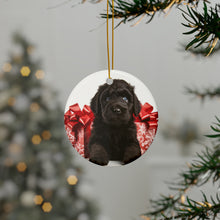 DistinctInk Hanging Ceramic Christmas Tree Ornament with Gold String - Great Gift/Present - 2 3/4 inch Diameter - Black Russian Terrier Puppy Design