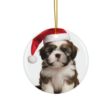 DistinctInk Hanging Ceramic Christmas Tree Ornament with Gold String - Great Gift/Present - 2 3/4 inch Diameter - Shih Tzu Puppy Design