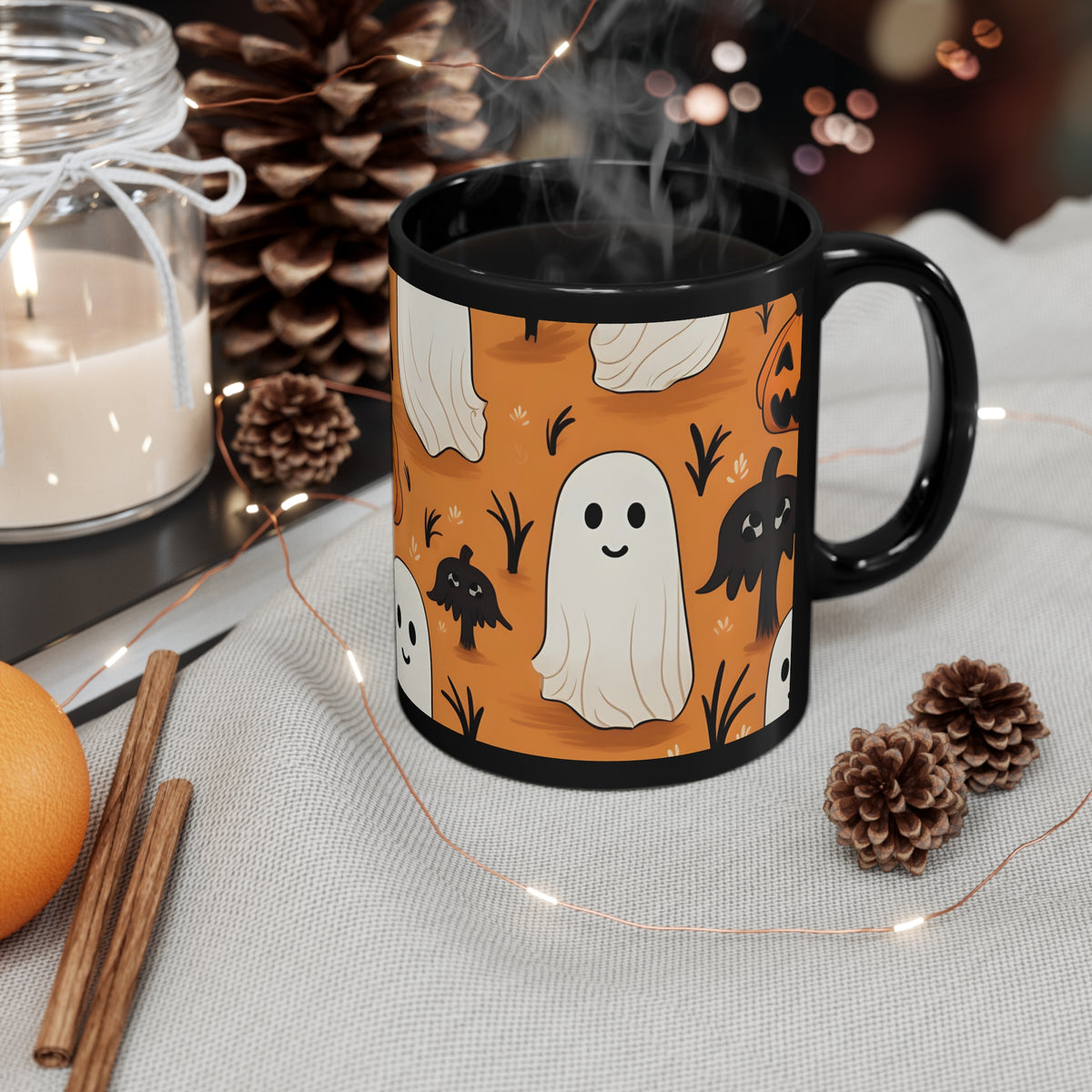 Black Coffee Mug - Ghost Skeleton Pumpkin Cartoons for Halloween, view 4