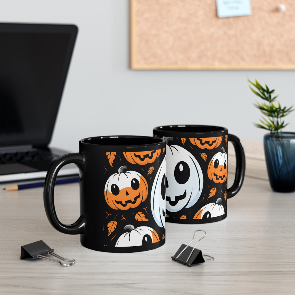 Black Coffee Mug - Ghost Skeleton Cartoon Pumpkin for Halloween, view 5