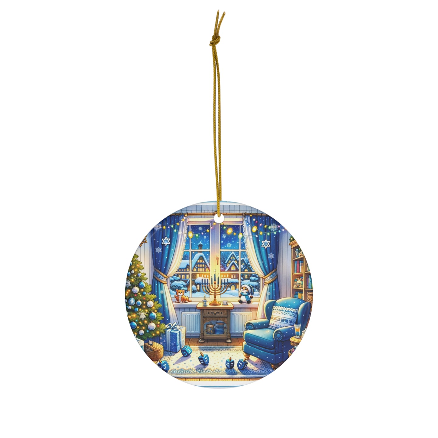 DistinctInk Hanging Ceramic Christmas Tree Ornament Charm with Gold String - Great Gift/Present - 2 3/4 inch Diameter - Hanukkah Holiday Cheer