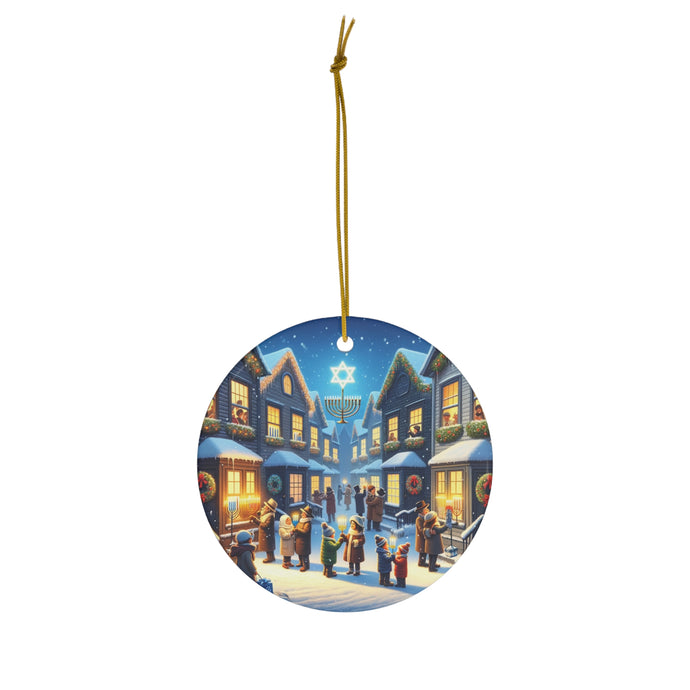 DistinctInk Hanging Ceramic Christmas Tree Ornament Charm with Gold String - Great Gift/Present - 2 3/4 inch Diameter - Festive Streets of Unity