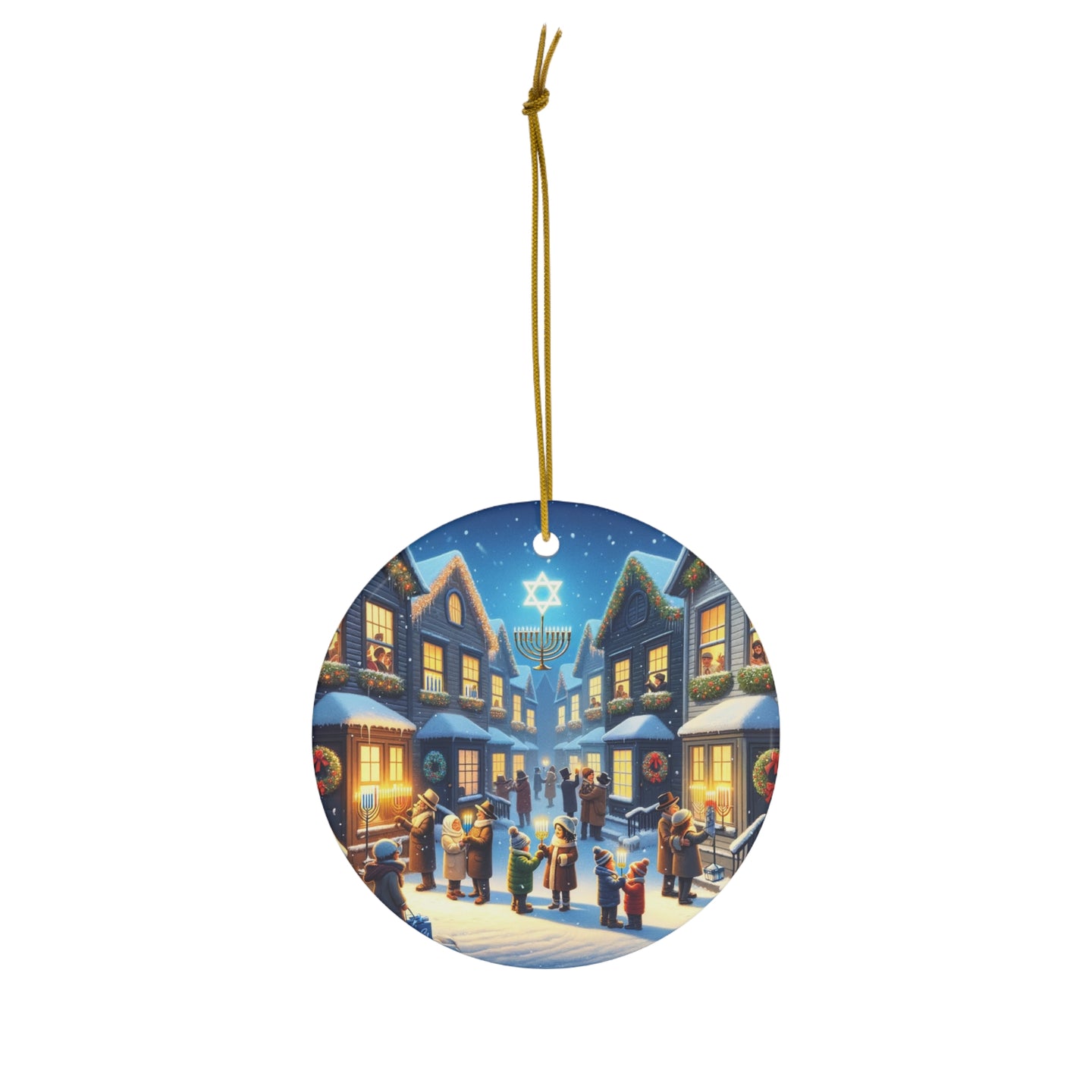 DistinctInk Hanging Ceramic Christmas Tree Ornament Charm with Gold String - Great Gift/Present - 2 3/4 inch Diameter - Festive Streets of Unity