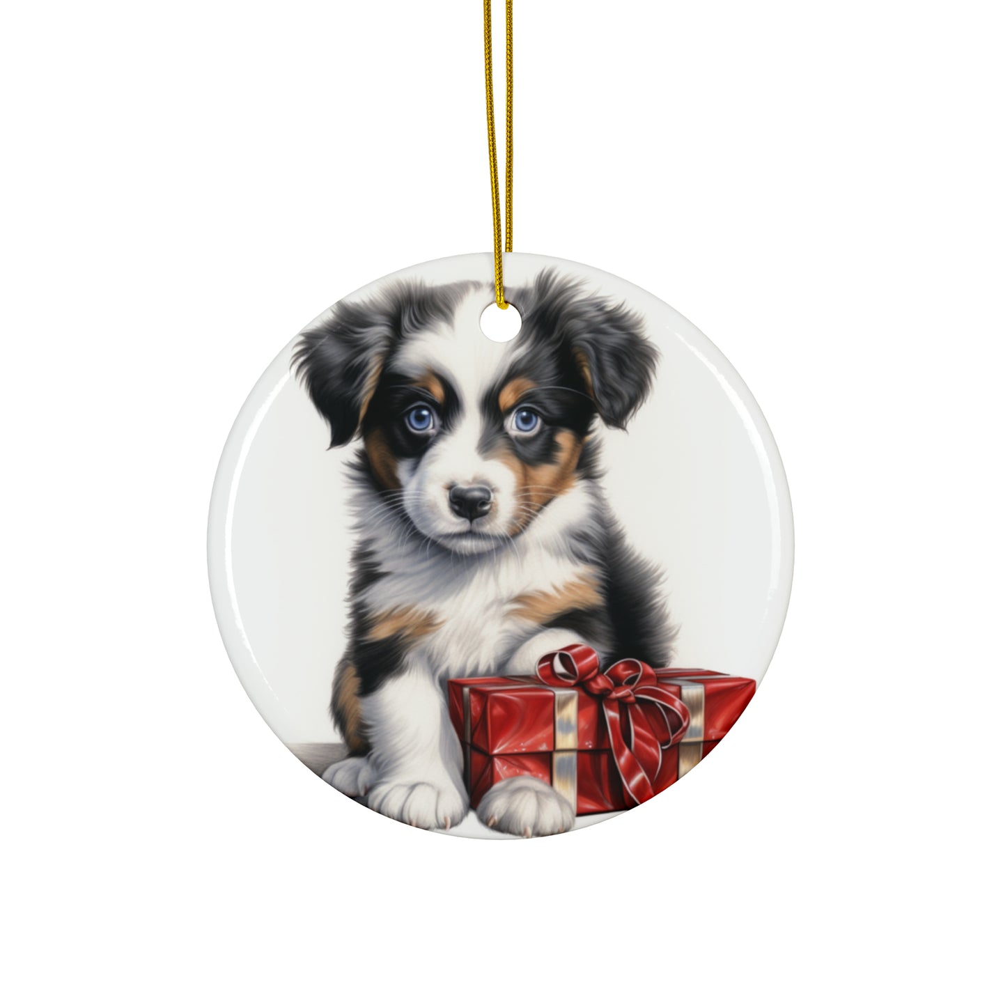 DistinctInk Hanging Ceramic Christmas Tree Ornament with Gold String - Great Gift/Present - 2 3/4 inch Diameter - Miniature American Shepherd Puppy Drawing Design