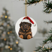DistinctInk Hanging Ceramic Christmas Tree Ornament with Gold String - Great Gift/Present - 2 3/4 inch Diameter - Tibetan Mastiff Puppy Design