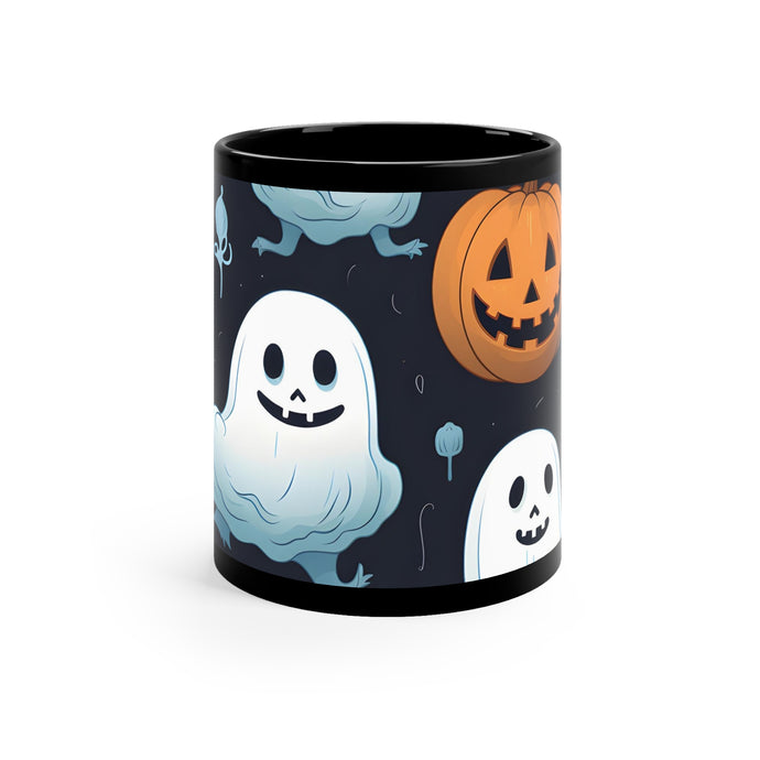 DistinctInk Black Coffee Mug - Ghastly Skeleton Pumpkin Patch for Halloween