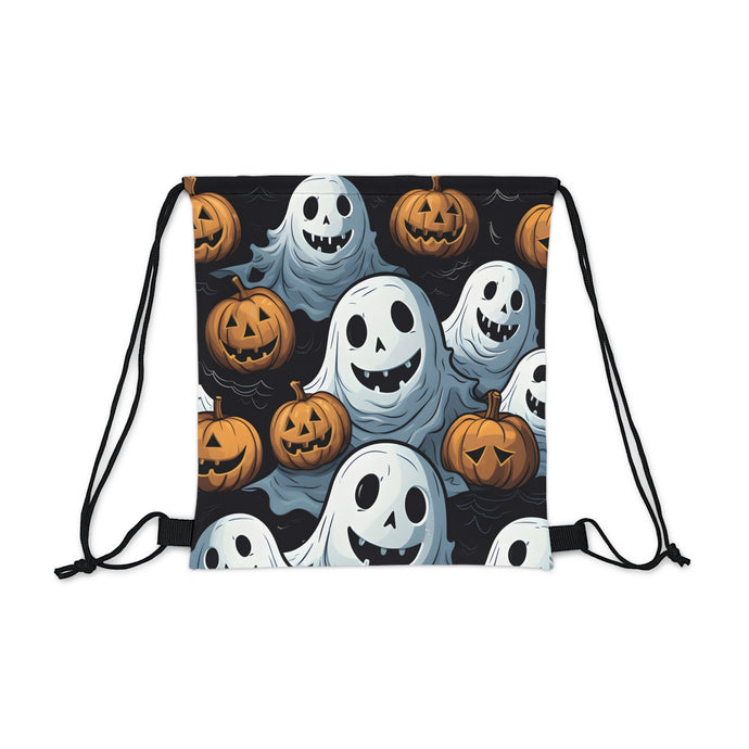 DistinctInk Drawstring Bag / Backpack with Ghoulish Ghostbusters and Pumpkins Design for Halloween
