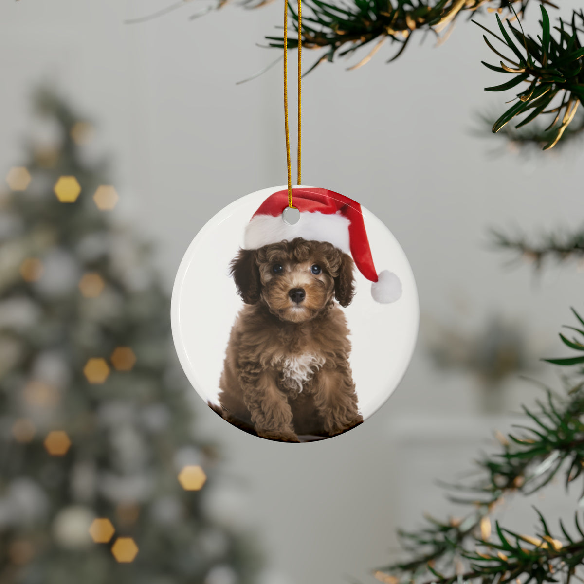 Hanging Ceramic Christmas Tree Ornament with Gold String - Poodle Puppy Design, view 3