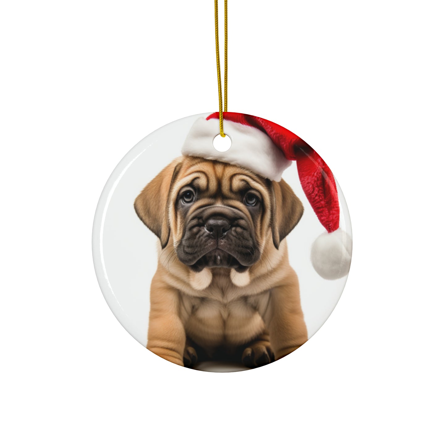 DistinctInk Hanging Ceramic Christmas Tree Ornament with Gold String - Great Gift/Present - 2 3/4 inch Diameter - Mastiff Puppy Design
