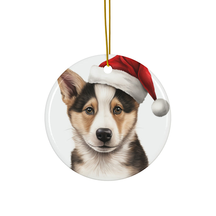 DistinctInk Hanging Ceramic Christmas Tree Ornament with Gold String - Great Gift/Present - 2 3/4 inch Diameter - Canaan Dog Puppy Drawing Design