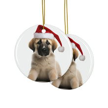DistinctInk Hanging Ceramic Christmas Tree Ornament with Gold String - Great Gift/Present - 2 3/4 inch Diameter - Anatolian Shepherd Dog Puppy Design