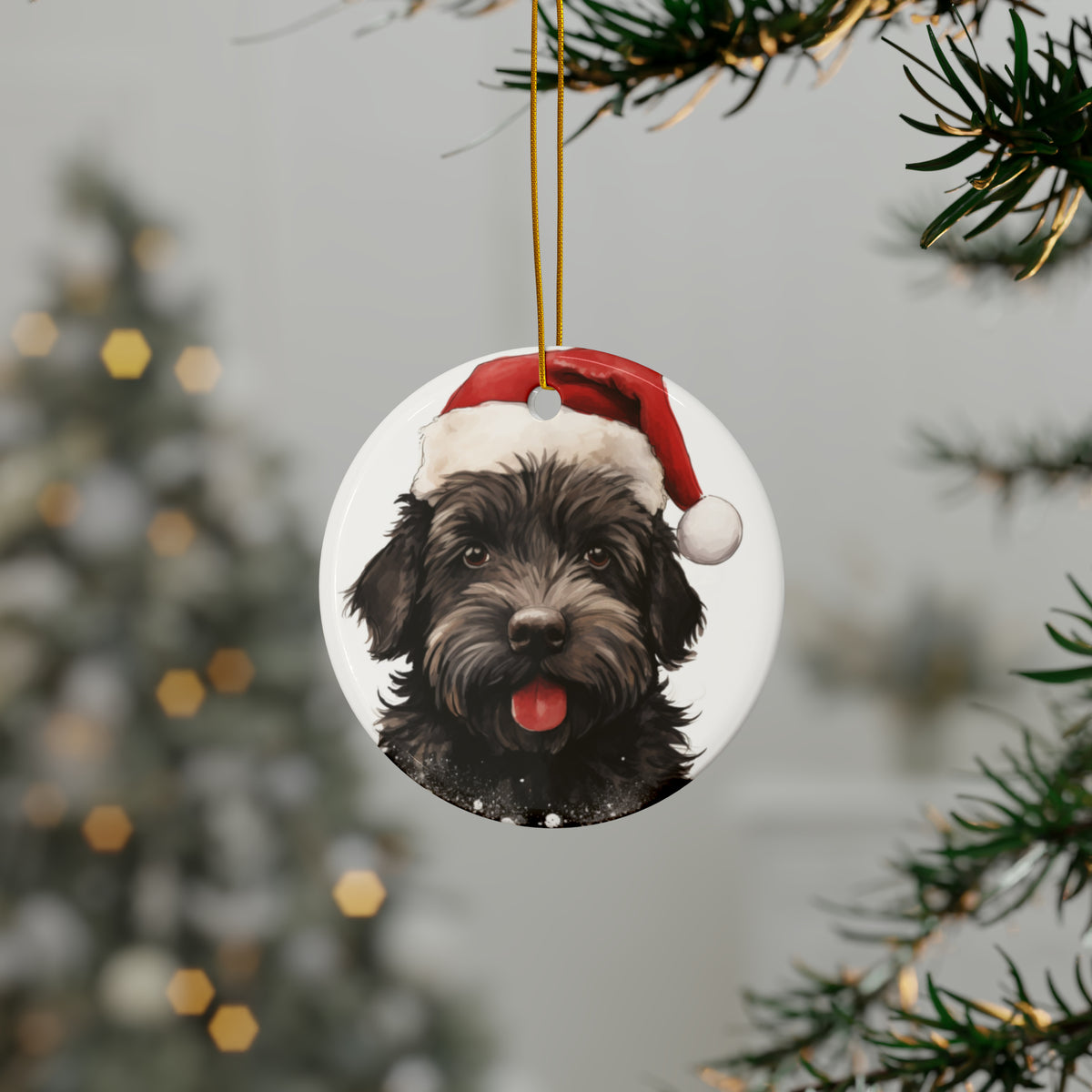 Hanging Ceramic Christmas Tree Ornament with Gold String - Bouvier de Flandre Design, view 3