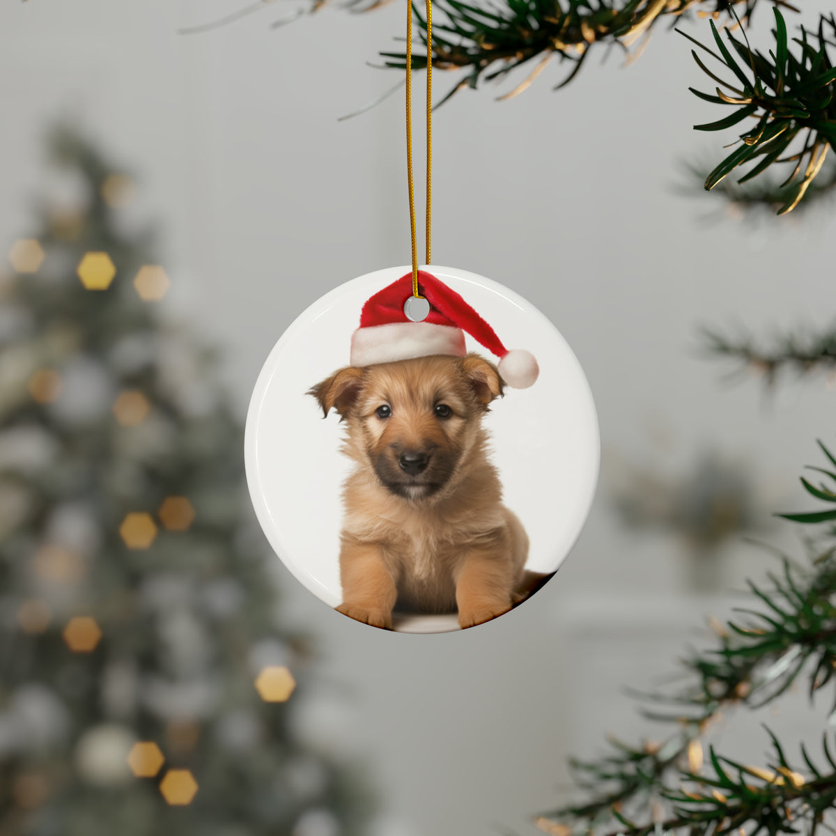 Hanging Ceramic Christmas Tree Ornament with Gold String - Berger Picard Puppy Design, view 3