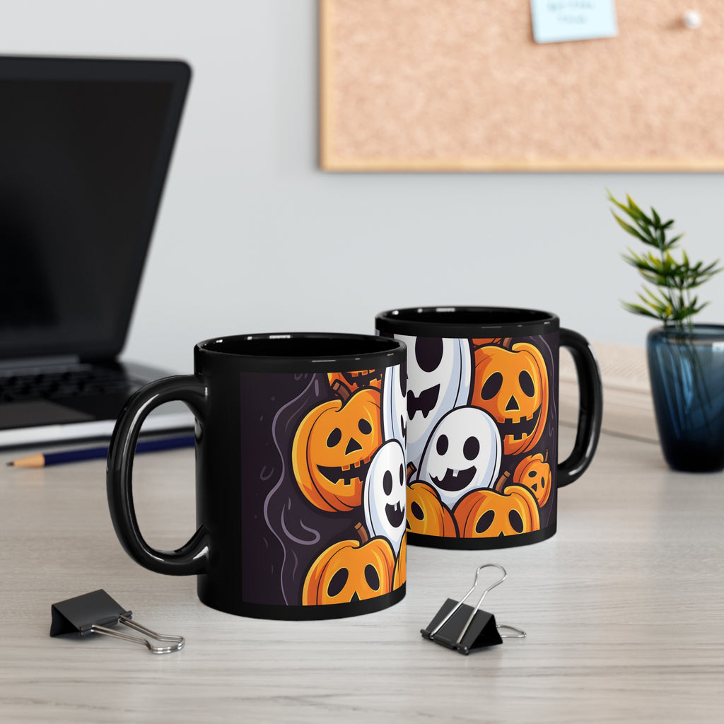 Black Coffee Mug - Skele-Pumpkin Ghost Pattern for Halloween, view 5
