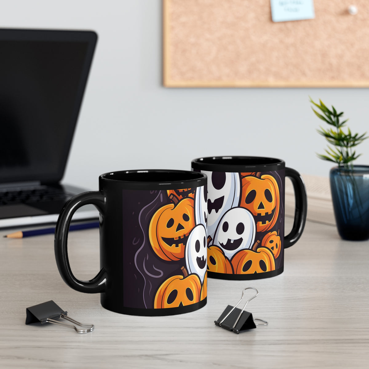 Black Coffee Mug - Skele-Pumpkin Ghost Pattern for Halloween, view 5
