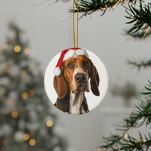 DistinctInk Hanging Ceramic Christmas Tree Ornament with Gold String - Great Gift/Present - 2 3/4 inch Diameter - American English Coonhound Design