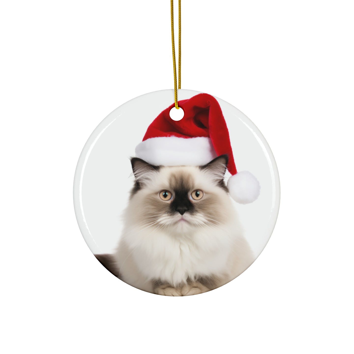 DistinctInk Hanging Ceramic Christmas Tree Ornament with Gold String - Great Gift/Present - 2 3/4 inch Diameter - Ragdoll Cat Design
