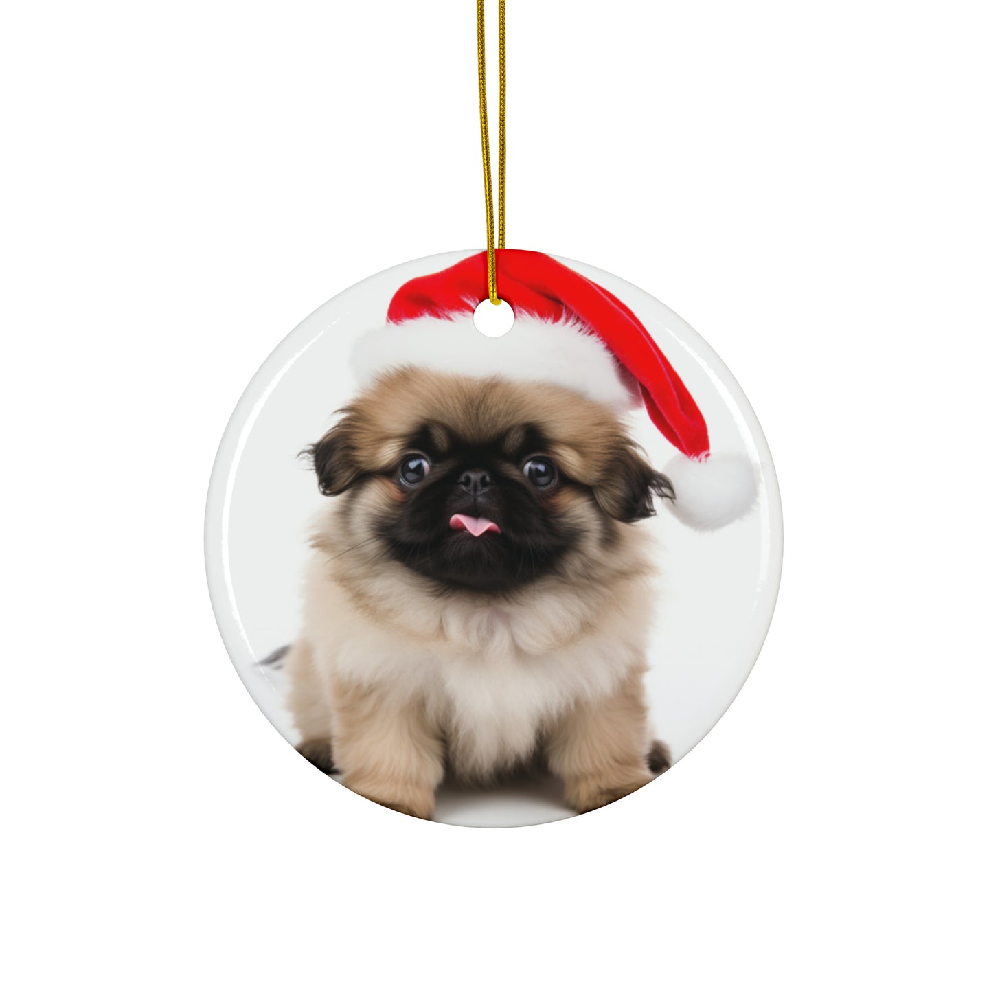 DistinctInk Hanging Ceramic Christmas Tree Ornament with Gold String - Great Gift/Present - 2 3/4 inch Diameter - Pekingese Puppy Design