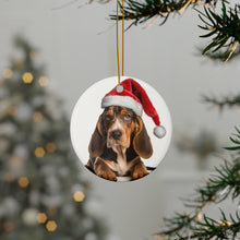 DistinctInk Hanging Ceramic Christmas Tree Ornament with Gold String - Great Gift/Present - 2 3/4 inch Diameter - American English Coonhound Puppy Design