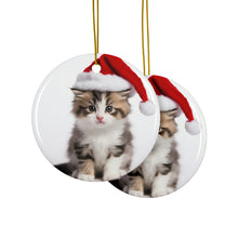 DistinctInk Hanging Ceramic Christmas Tree Ornament with Gold String - Great Gift/Present - 2 3/4 inch Diameter - American Curl Kitten Design