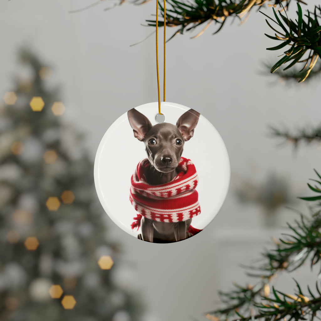 Hanging Ceramic Christmas Tree Ornament with Gold String - Xoloitzcuintli Puppy Design, view 3