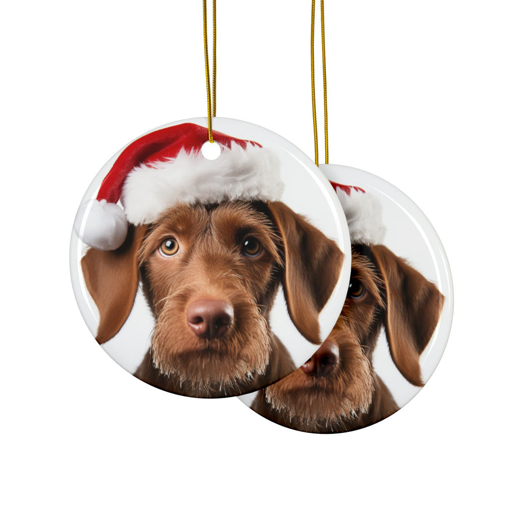 Hanging Ceramic Christmas Tree Ornament with Gold String - Wirehaired Vizsla Puppy Design, view 2