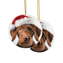 DistinctInk Hanging Ceramic Christmas Tree Ornament with Gold String - Great Gift/Present - 2 3/4 inch Diameter - Wirehaired Vizsla Puppy Design