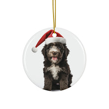 DistinctInk Hanging Ceramic Christmas Tree Ornament with Gold String - Great Gift/Present - 2 3/4 inch Diameter - Barbet Puppy Design
