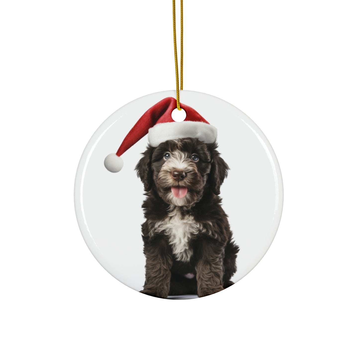DistinctInk Hanging Ceramic Christmas Tree Ornament with Gold String - Great Gift/Present - 2 3/4 inch Diameter - Barbet Puppy Design