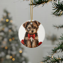 DistinctInk Hanging Ceramic Christmas Tree Ornament with Gold String - Great Gift/Present - 2 3/4 inch Diameter - Yorkshire Terrier Puppy Drawing Design
