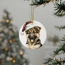 DistinctInk Hanging Ceramic Christmas Tree Ornament with Gold String - Great Gift/Present - 2 3/4 inch Diameter - German Shepherd Dog Puppy Drawing Design