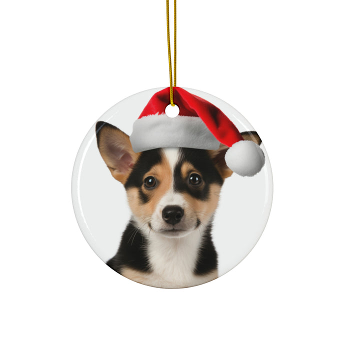 DistinctInk Hanging Ceramic Christmas Tree Ornament with Gold String - Great Gift/Present - 2 3/4 inch Diameter - Canaan Dog Puppy Design