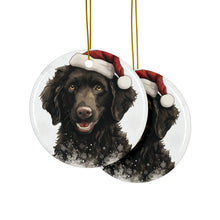DistinctInk Hanging Ceramic Christmas Tree Ornament with Gold String - Great Gift/Present - 2 3/4 inch Diameter - Curly-Coated Retriever Puppy Drawing Design