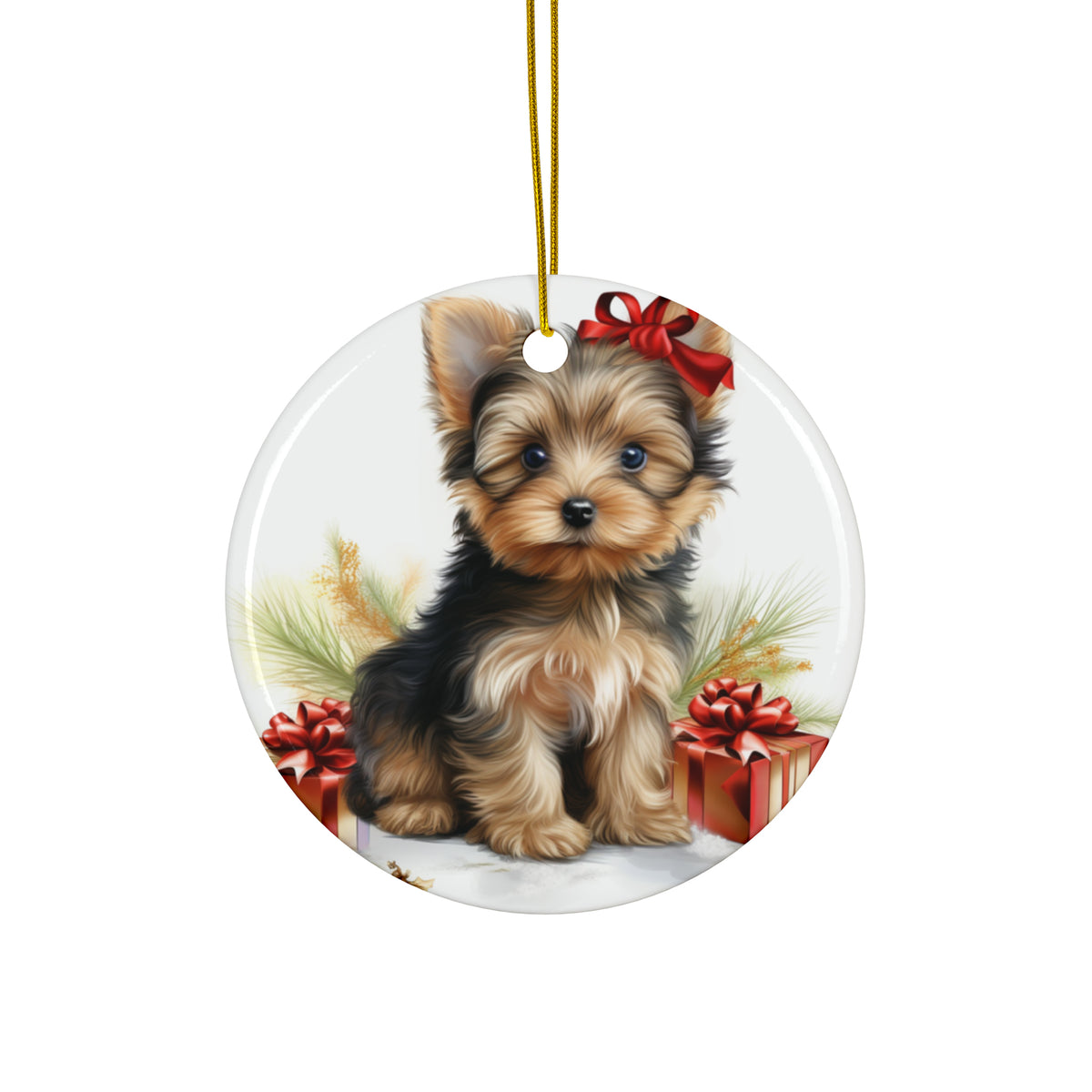 Hanging Ceramic Christmas Tree Ornament with Gold String - Silky Terrier Puppy Drawing Design