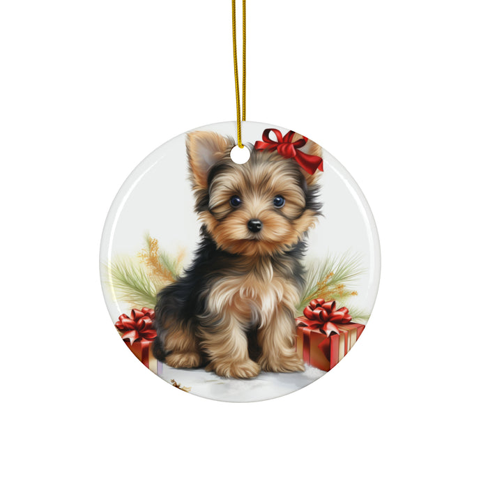 DistinctInk Hanging Ceramic Christmas Tree Ornament with Gold String - Great Gift/Present - 2 3/4 inch Diameter - Silky Terrier Puppy Drawing Design