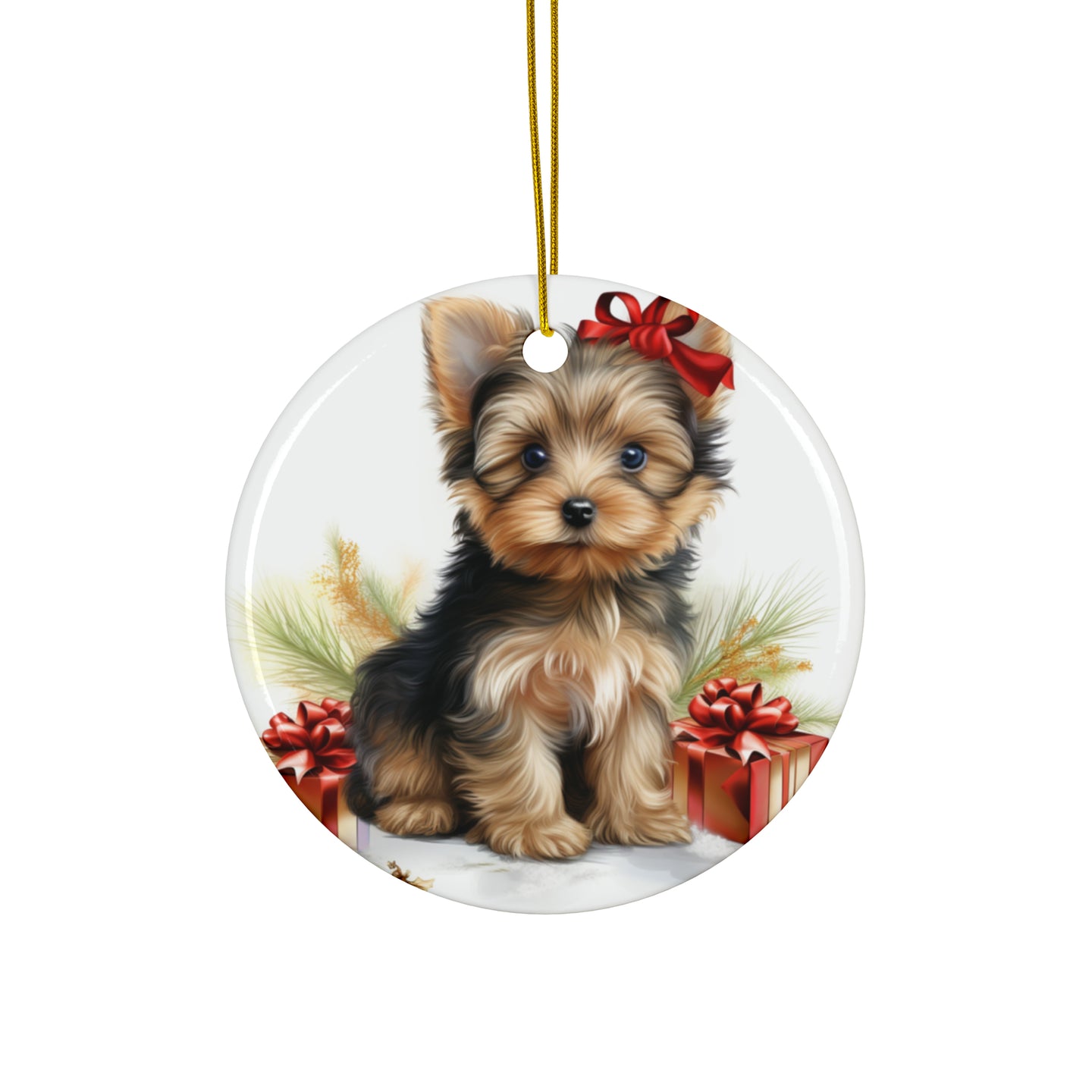 DistinctInk Hanging Ceramic Christmas Tree Ornament with Gold String - Great Gift/Present - 2 3/4 inch Diameter - Silky Terrier Puppy Drawing Design