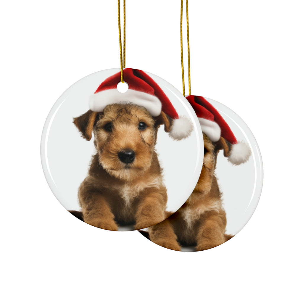 Hanging Ceramic Christmas Tree Ornament with Gold String - Lakeland Terrier Puppy Design, view 2