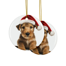 DistinctInk Hanging Ceramic Christmas Tree Ornament with Gold String - Great Gift/Present - 2 3/4 inch Diameter - Lakeland Terrier Puppy Design