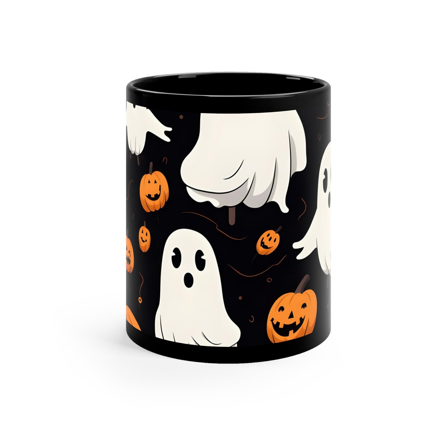 DistinctInk Black Coffee Mug - Ghost Skeleton Pumpkin Cartoon for Halloween