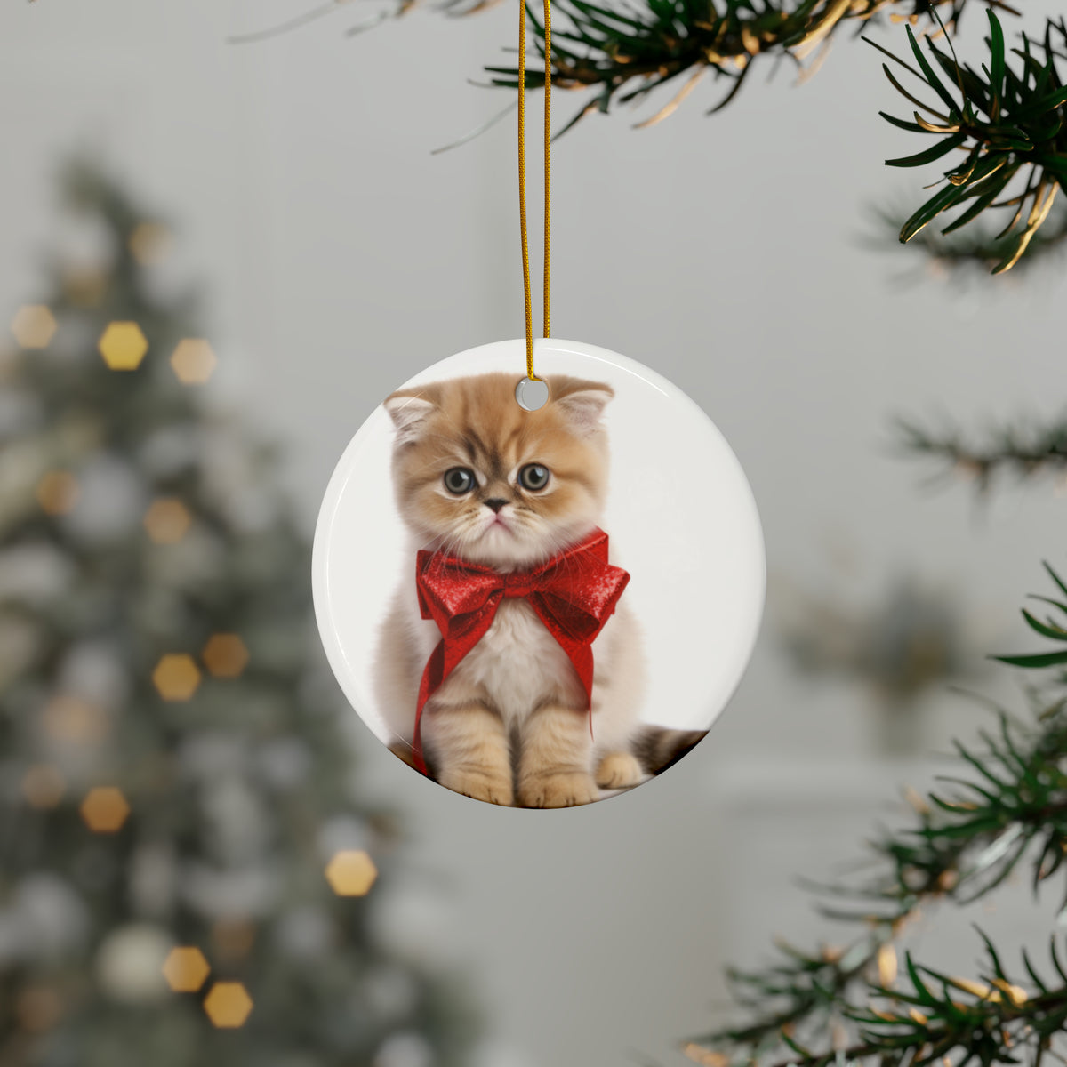 Hanging Ceramic Christmas Tree Ornament with Gold String - Exotic Shorthair Kitten Design, view 3