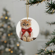 DistinctInk Hanging Ceramic Christmas Tree Ornament with Gold String - Great Gift/Present - 2 3/4 inch Diameter - Exotic Shorthair Kitten Design